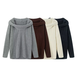 Minimalist wide-knit off-shoulder oversized sweaters in grey, brown, beige and navy blue