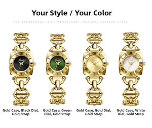 Detailed display of vintage women quartz watches with metal chain straps in four colors