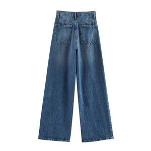 Detailed back view of high waist wide leg blue wash denim jeans with classic pockets