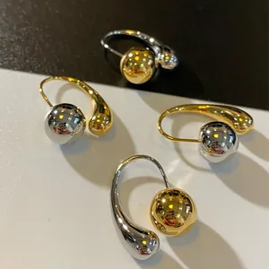 French Retro Mixed Gold Silver Tone Copper Teardrop Ball Earrings For Women Minimalist Fluid Geometric Jewelry