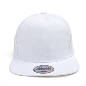 Front view of white flat brim snapback cap with holographic sticker and twill texture