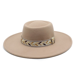 Detail of the vintage wool fedora hat featuring a stylish ethnic geometric woven band