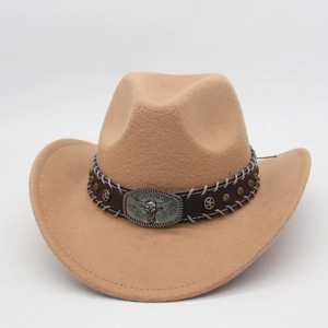 Close-up of western felt cowboy hat with bull head buckle and star rivets