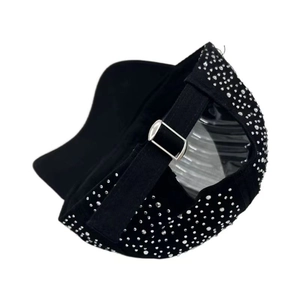 Women's black baseball cap with sparkling rhinestones and adjustable metal buckle
