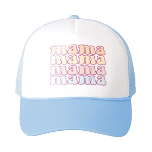Blue and white trucker hat for women with colorful gradient mama text and mesh back