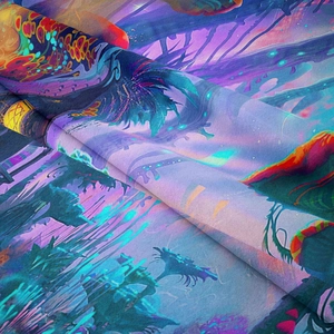 Macro detail of Bohemian mushroom tapestry showing vibrant fluid art patterns and fabric texture
