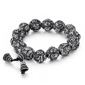 Retro stainless steel Buddhist mantra beaded bracelet with double bell charms