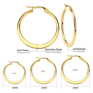 Size guide for gold plated stainless steel hoop earrings in 20mm, 30mm, and 40mm