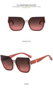 Detail view of cat eye sunglasses with champagne frames and gold V-shaped metal logo
