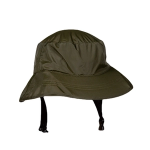 Olive green nylon sun hat with wide brim and adjustable chin strap for outdoors