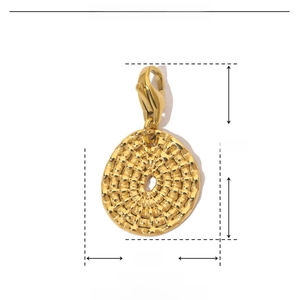 Detail view of gold stainless steel devil eye pendant with measurements and lobster clasp