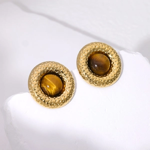 Retro gold plated stud earrings with tiger eye stone and hammered metal frame design
