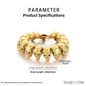 Gold skull bracelet in stainless steel with dimensions 220x23mm and 124g weight details