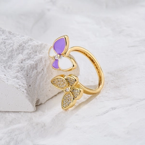 18K gold plated butterfly open ring with purple enamel and pavé zircon stones