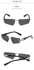 Détails de lunettes de soleil sans monture polygonales avec branches texture bois et or