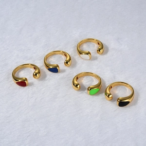 Set of five adjustable gold rings with colorful drip oil teardrop charms in various colors
