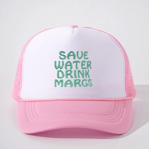 Macro detail of 'SAVE WATER' green embroidery on a pink and white mesh trucker hat
