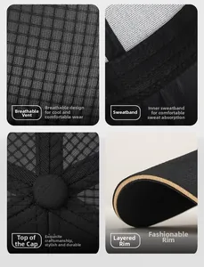 Detail view of breathable mesh fabric, sweatband and reinforced brim of baseball cap