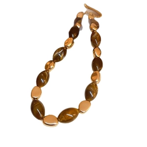 Tiger eye beaded necklace with retro brown oval beads and gold metal accents for women