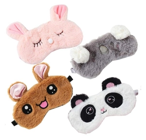 Detailed plush sleeping masks featuring cute panda, rabbit, koala, and bear designs