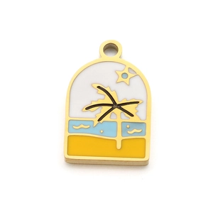 Golden stainless steel enamel pendant featuring a tropical coconut tree beach scene