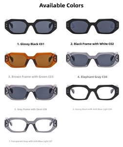 Detail view of seven color options for vintage square thick frame sunglasses