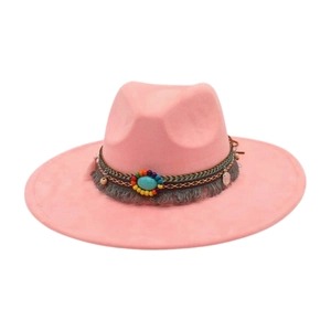 Cappello fedora in feltro rosa a tesa larga con fascia etnica e pietra turchese intarsiata