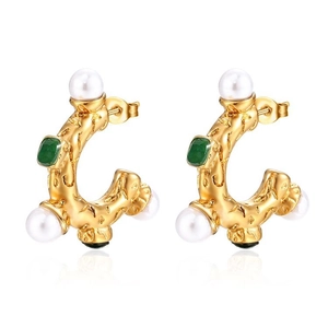 Vintage stainless steel C-shaped earrings with white pearls and green gemstones