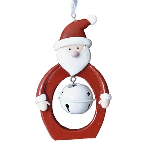 Hanging resin Santa Claus ornament with a large white star-cutout bell decoration