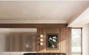 Macro view of modern orchid art framed on high-end dark wood paneling with warm wall lighting