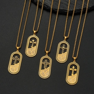 18K gold plated stainless steel cross pendant necklaces with Greek key pattern and crystals