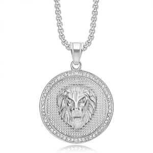 Detailed view of a silver lion head pendant with sparkling stones on a white background
