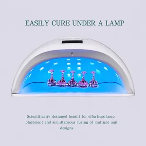 White UV LED nail lamp curing multiple pink crystal nails with digital timer display