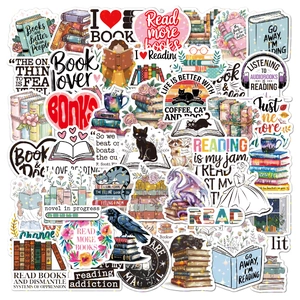 Close-up of holographic book lover vinyl stickers featuring cats and floral reading quotes