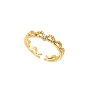 Adjustable gold stainless steel ring with wave texture and sparkling zircon stone