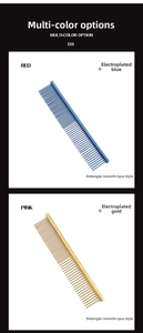 Detail of professional pet grooming combs in electroplated blue and gold steel finishes