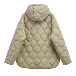 Women's khaki quilted hooded jacket with wavy stitching and back view silhouette