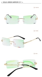 Three-way view of gold-green gradient rimless rectangular sunglasses in retro style