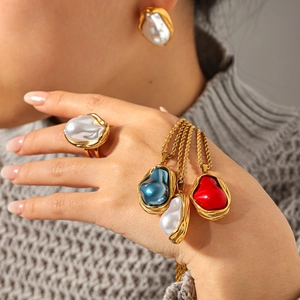French Vintage Necklace Earrings Ring Stainless Steel Artificial Baroque Pearl Irregular Organic Pendant Rope Chain Jewelry Women