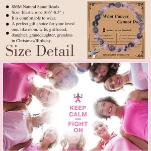Infographie montrant des perles en pierre rose de 8mm et un bracelet pendentif noeud