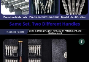 Macro view of 25-in-1 precision screwdriver bits and magnetic handle in a leather pouch