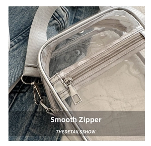 Close-up of smooth metal zipper and silver metallic trim on a transparent PVC crossbody bag