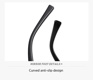 Macro detail of high-gloss black square sunglasses temple with curved anti-slip mirror foot