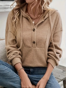 Women's camel ribbed knit hoodie with long sleeves and button-up neckline detail