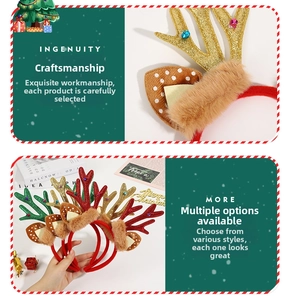 Detail of glitter reindeer antler headbands with plush ears and festive jingle bells