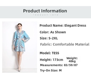 Size chart for vintage blue floral V-neck dress showing S-2XL measurements and model details