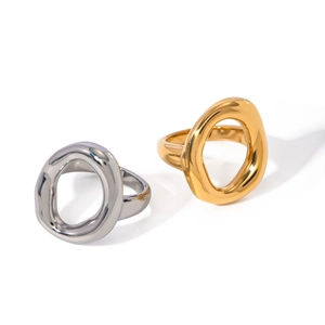Minimalist oval hollow 18k gold and silver stainless steel rings with fluid design