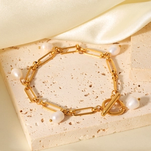 Stainless Steel Artificial Pearl Bracelet 18K Gold Plated OT Clasp French Retro Minimalist Elegant Jewelry Women
