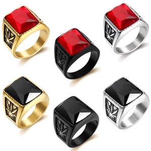 Men Signet Ring Stainless Steel Square Synthetic Gemstone Hip Hop Punk Personalized Leaf Embossed Band Jewelry
