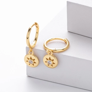 Elegant gold-plated 925 silver hoop earrings with sunburst pendant and white zircon center